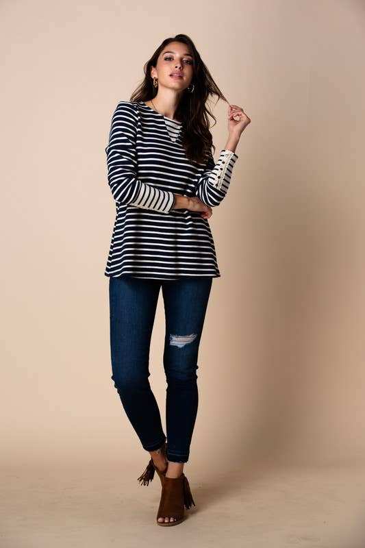 Mix Stripe Sweater With Button up Sleeve Detail