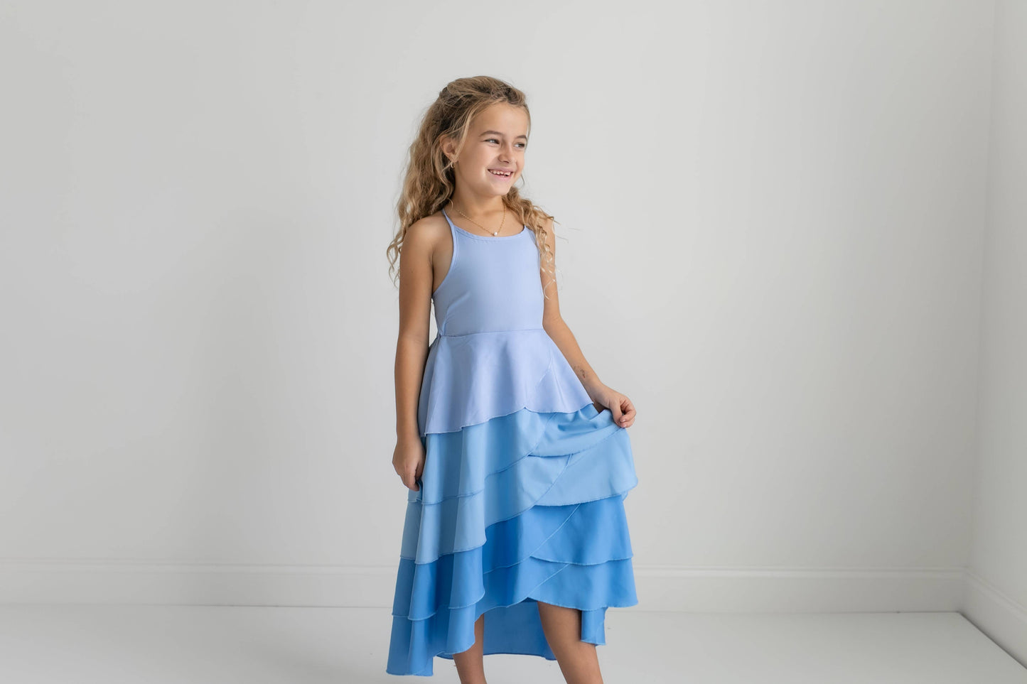 Kids Blue Ombre Waterfall Layered Summer Halter Hi Lo Dress