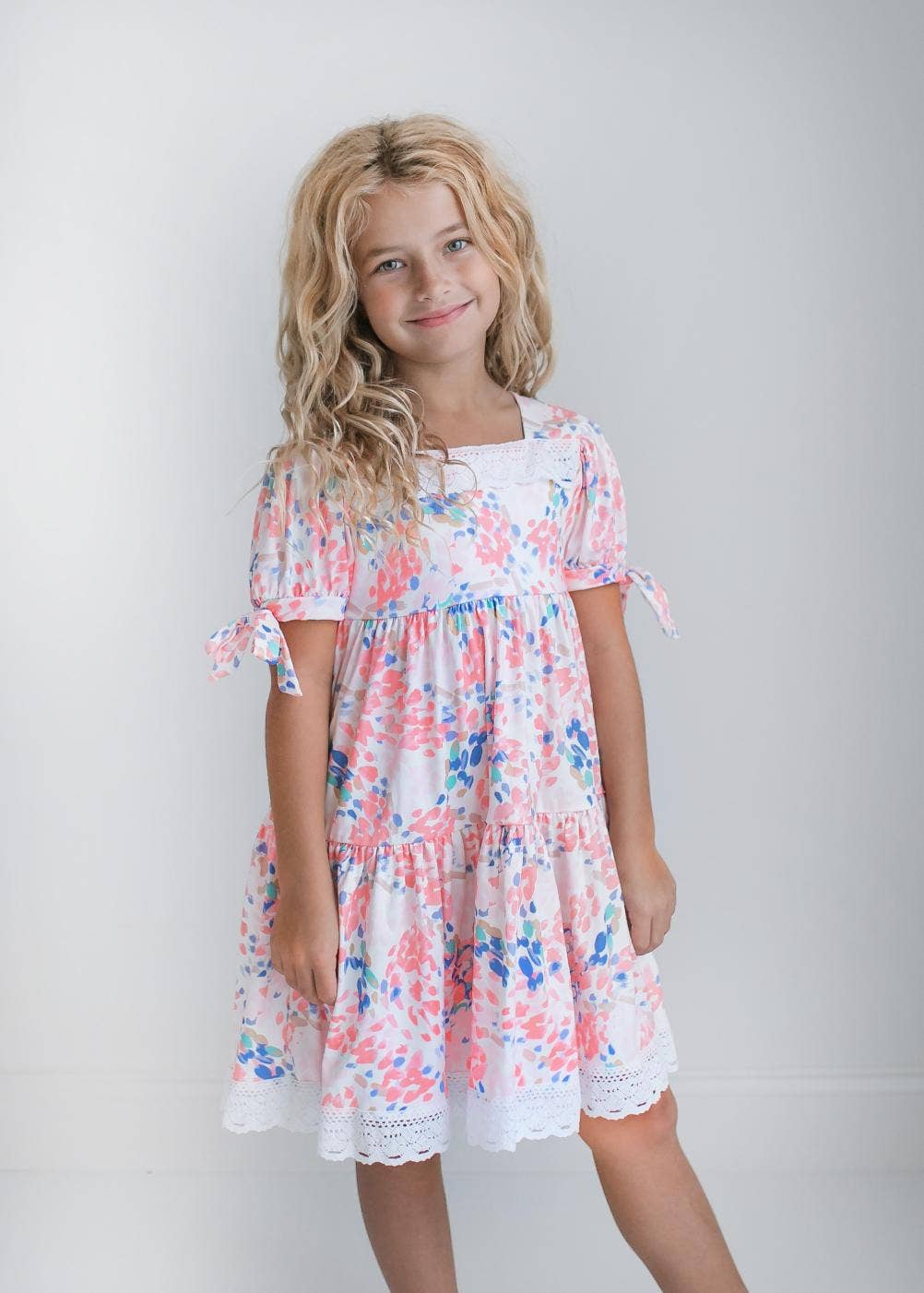 Kids Pink & Blue Lace Tiered Square Neck Spring Summer Dress