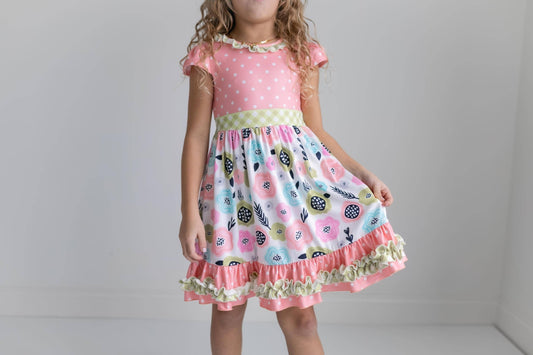 Kids Peach & Green Floral Gingham Spring Summer Ruffle Dress