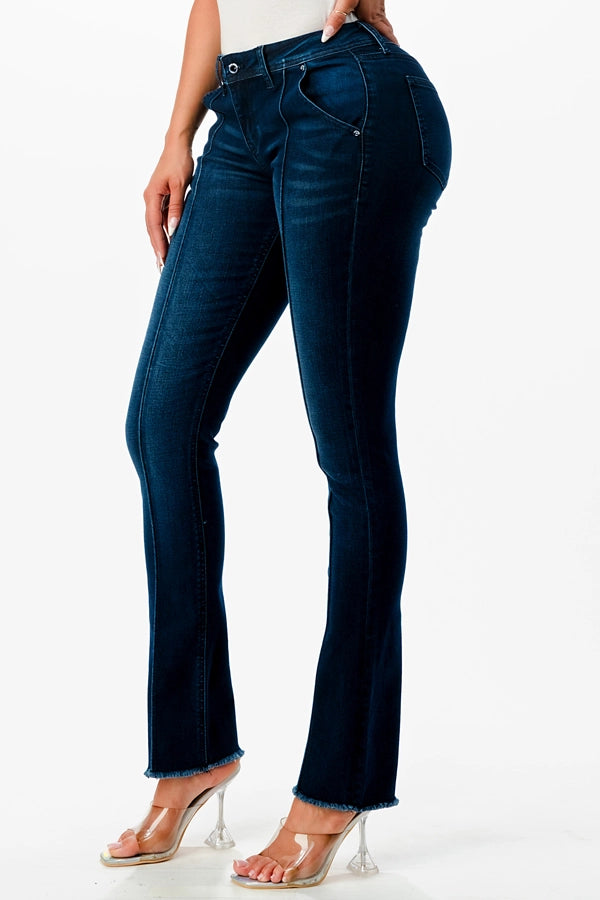 Grace LA Easy Fit Mid-Rise Center Seam Denim Straight Leg Jeans - Dark Blue Wash