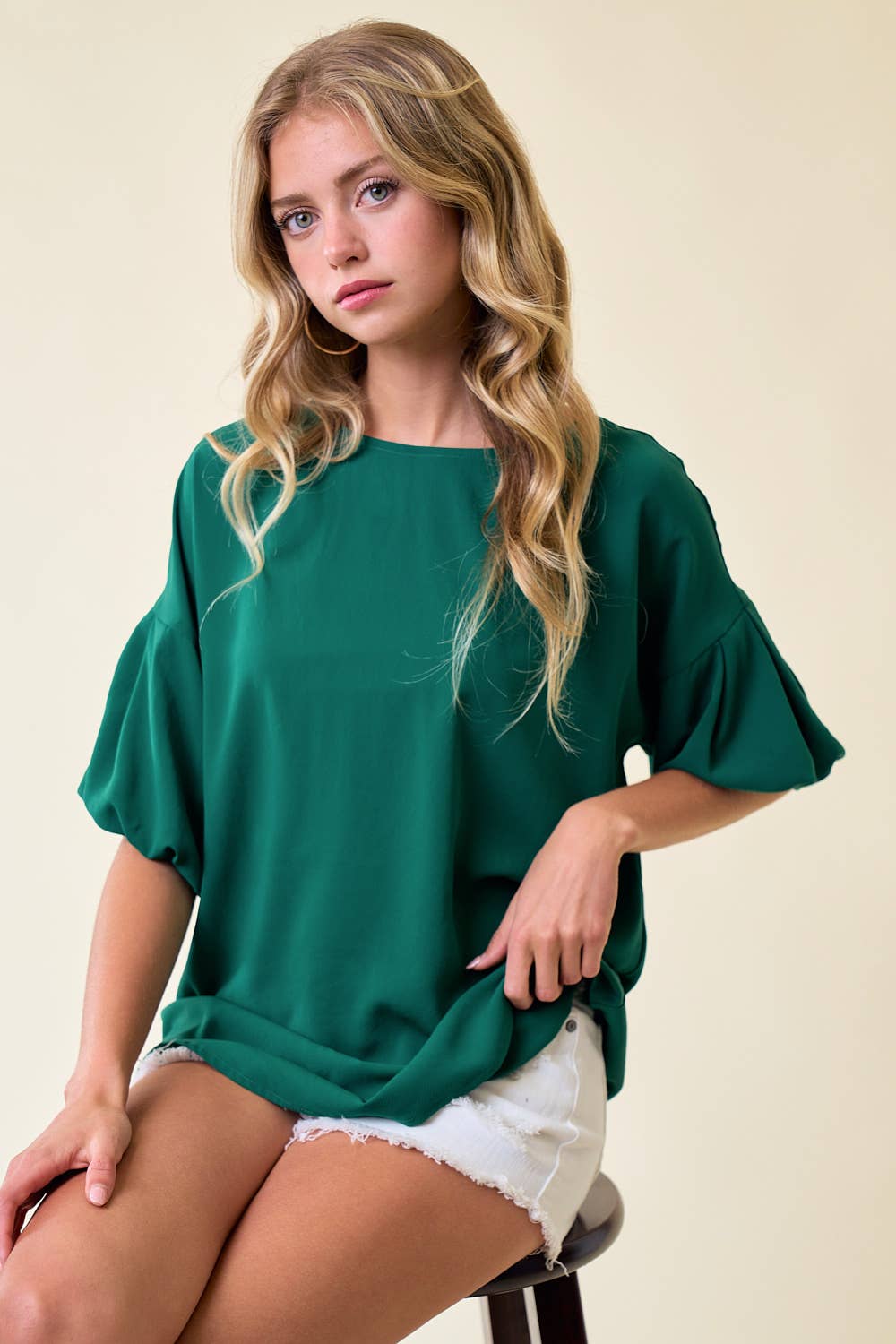 Back Buttoned Bubble Sleeve Woven Top