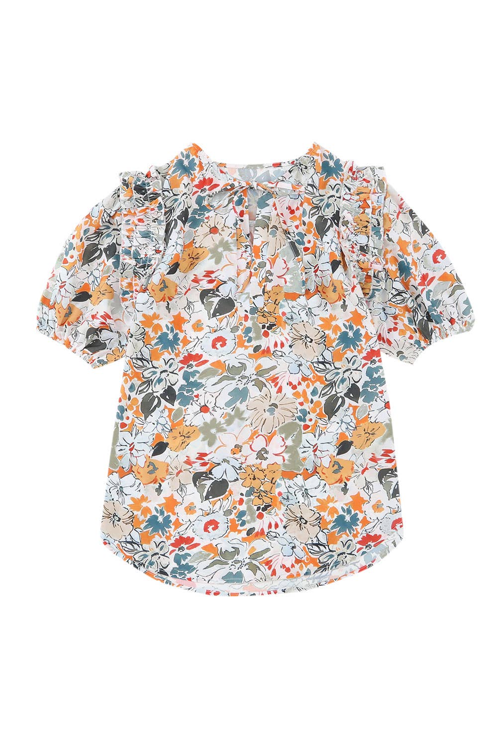 Women Floral Print V Neck Puff Sleeve Ruffled Blouse