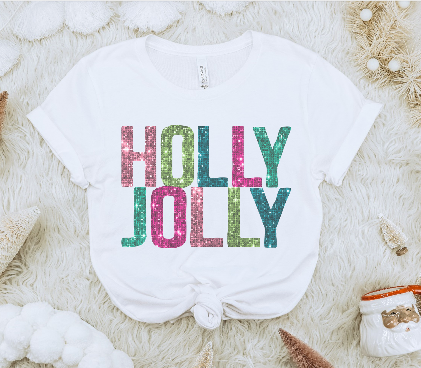 Holly Jolly Faux Glitter Christmas Holiday Graphic Tee T