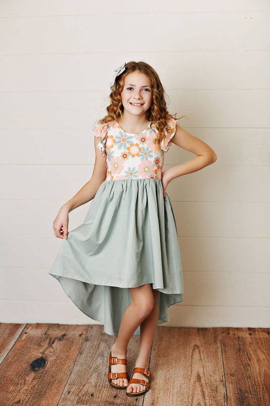 Girls Mint Sage Retro Daisy Hi-Lo Flutter Sleeve Dress