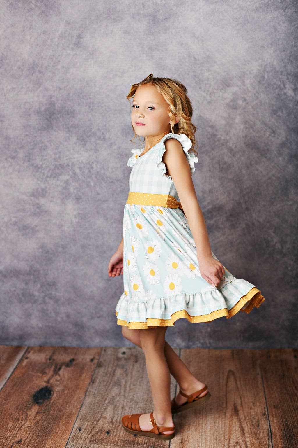 Kids Gingham Check Daisy Ruffle Twirl Spring Summer Dress