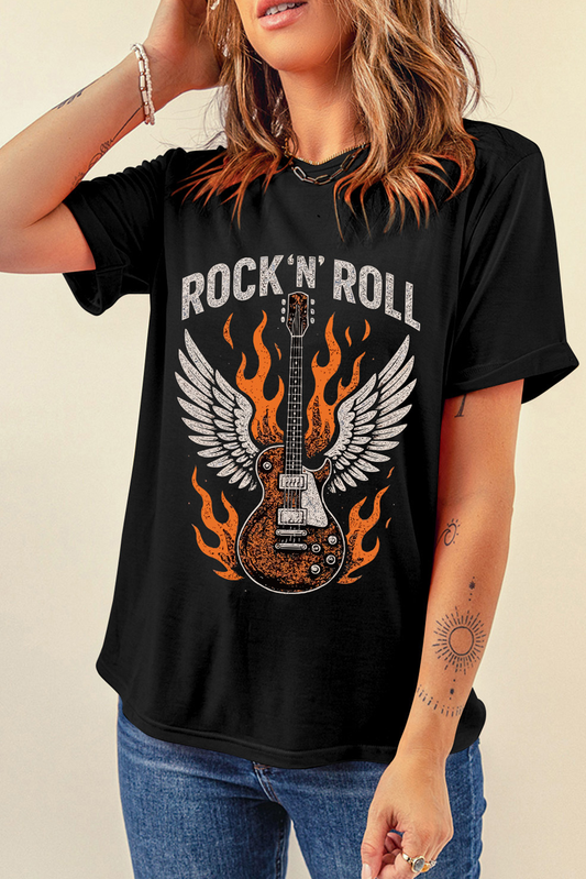 Rock-n-Roll Flaming Guitar Graphic Tee