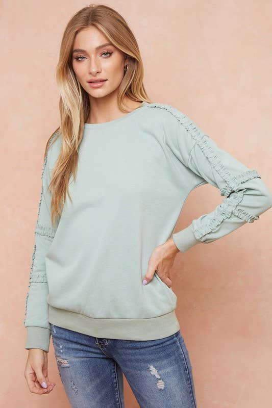 Washed Sweat Shirt With Frilled Trim