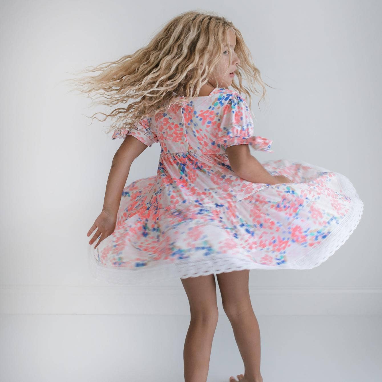 Kids Pink & Blue Lace Tiered Square Neck Spring Summer Dress
