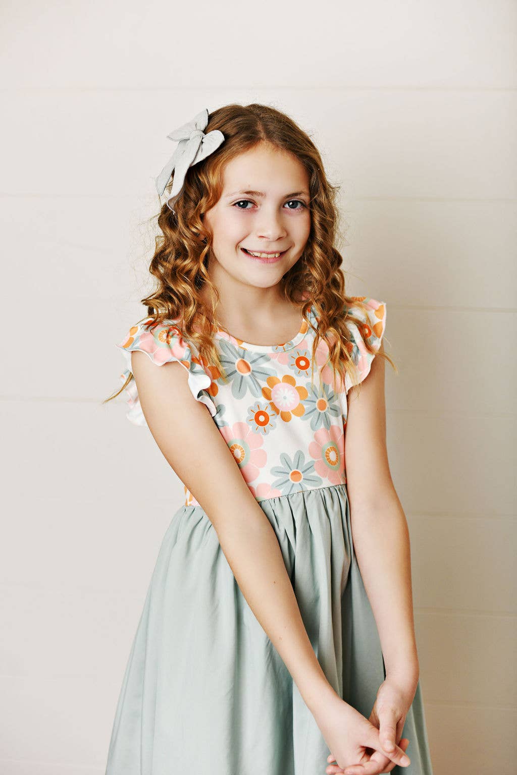 Girls Mint Sage Retro Daisy Hi-Lo Flutter Sleeve Dress