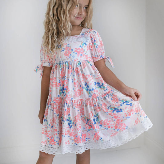 Kids Pink & Blue Lace Tiered Square Neck Spring Summer Dress