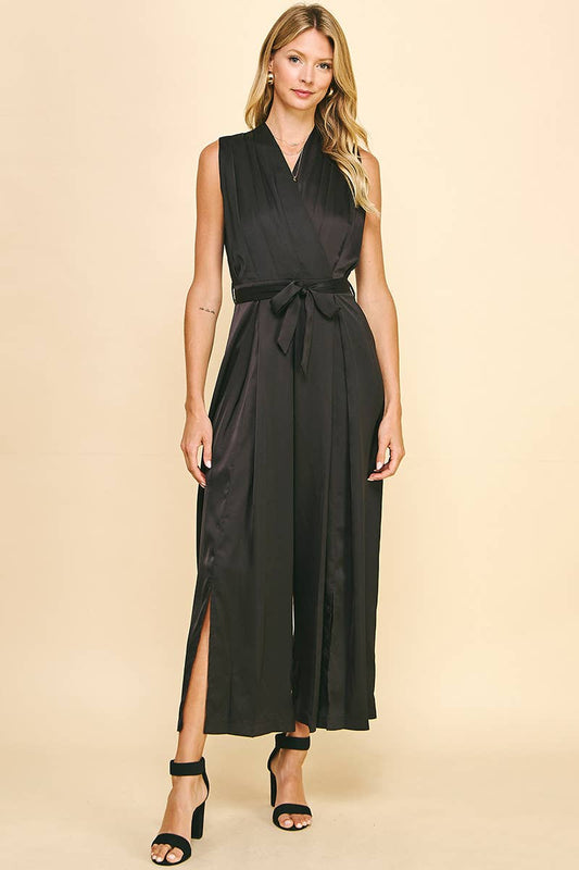 Satin Belted Jumpsuit - Black