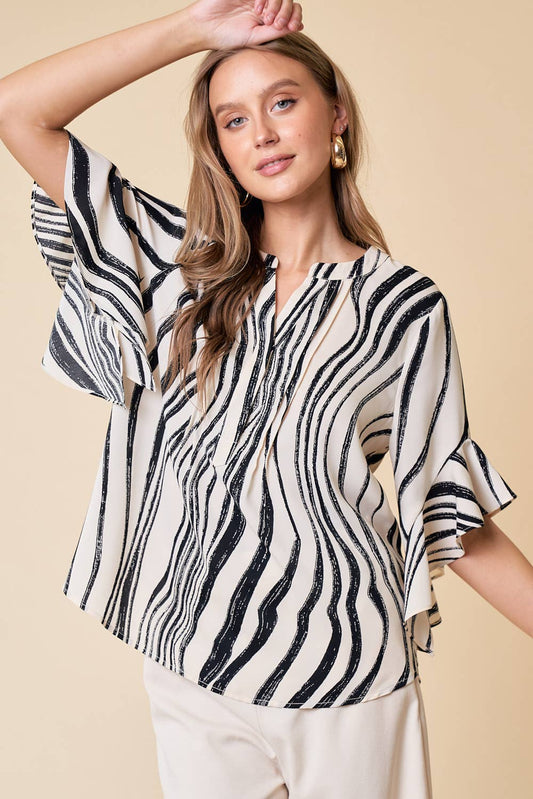 Brush Stroke Printed V-Neck Blouse