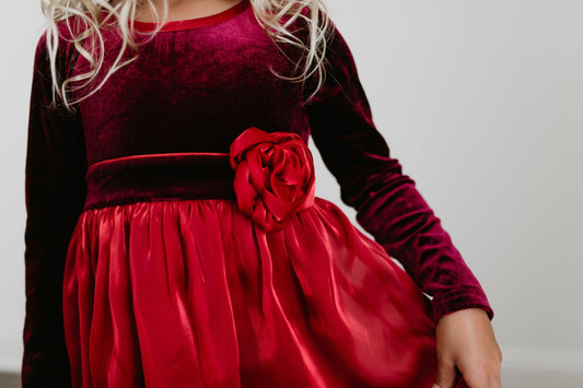 Kids Christmas Holiday Red Velvet Rosette Dress