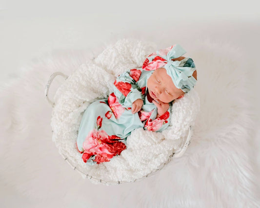 Infant Girls Teal Rose Baby Gown and Bow Headband