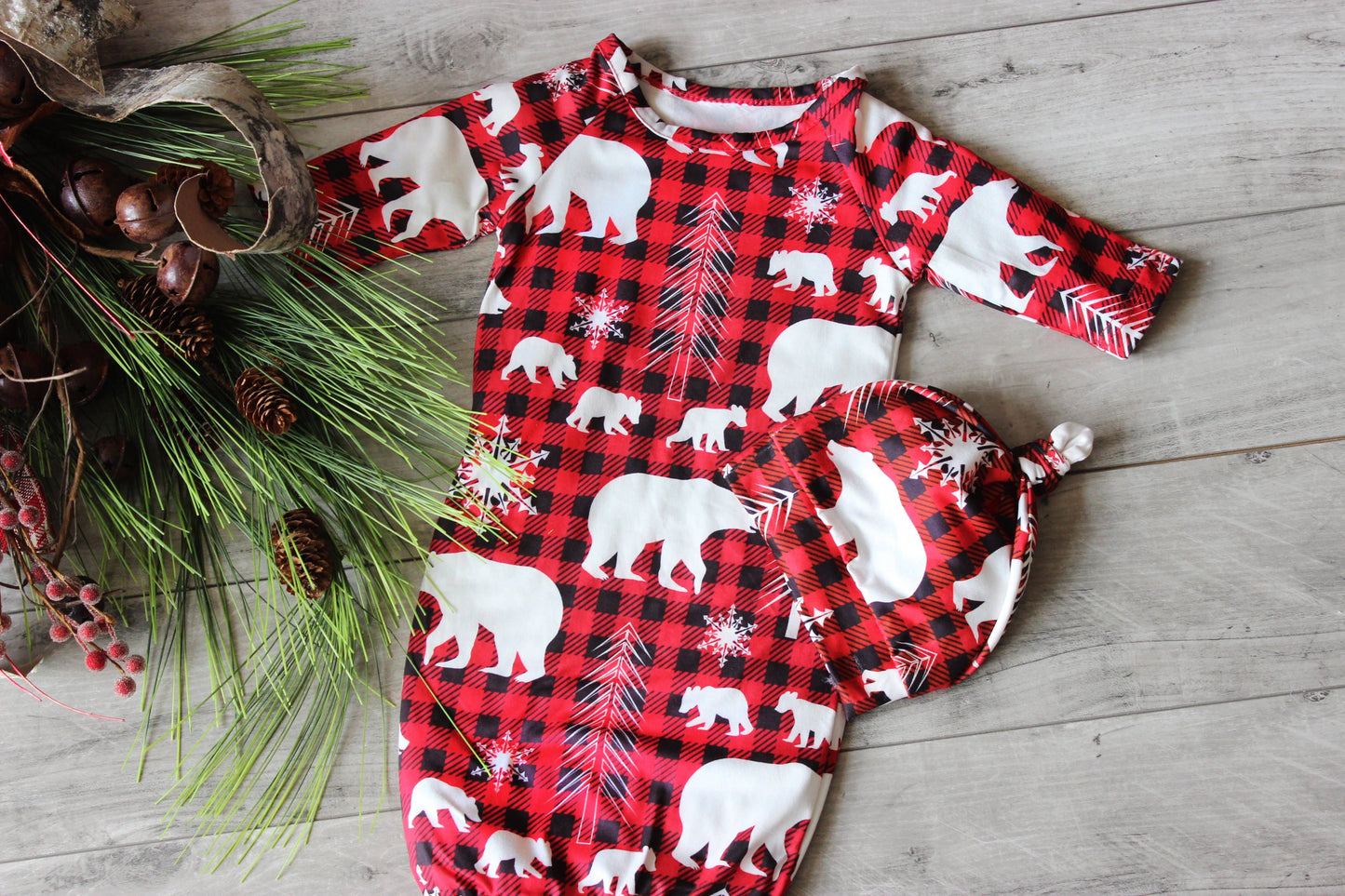 Red Plaid Baby Gown and Hat Winter Christmas Holiday Set