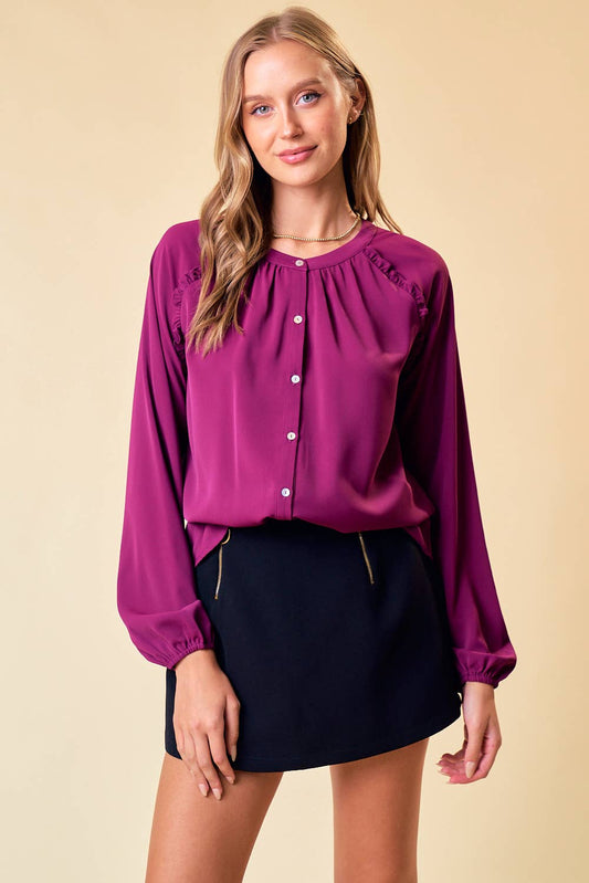 Frilled Raglan Woven Top - Plum