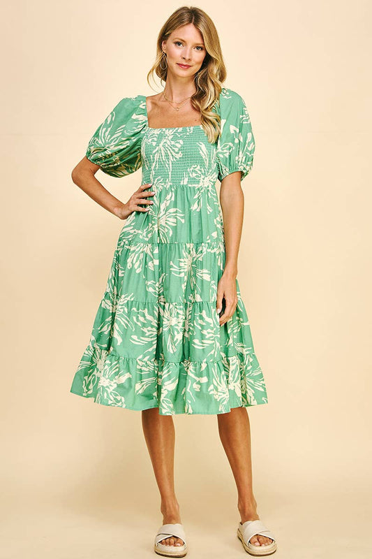 PUFF SLEEVES TIERED MIDI DRESS - GREEN