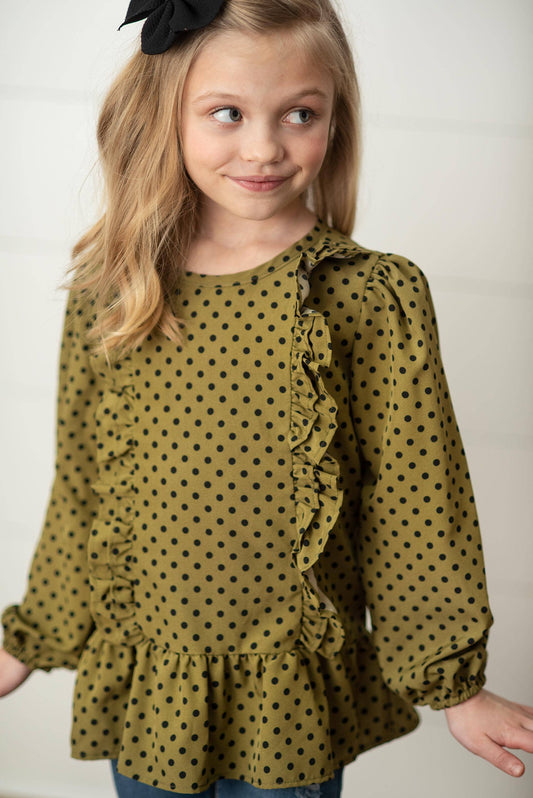 Kids Olive Black Polka Dot Long Sleeve Ruffle Fall Shirt