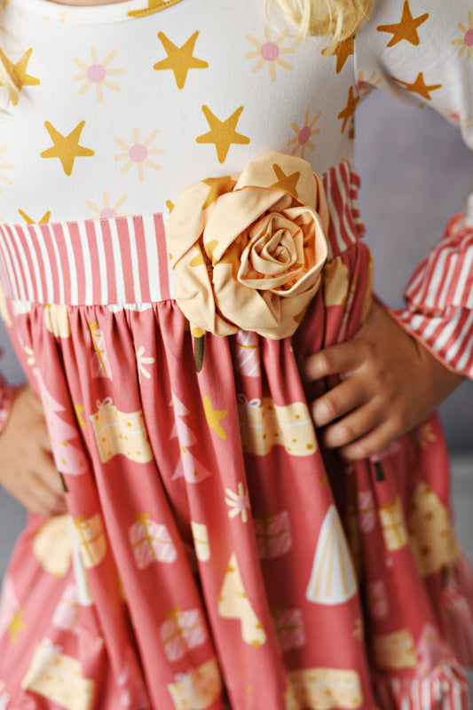 Kids Winter Holiday Pink Christmas Tree Rosette Dress