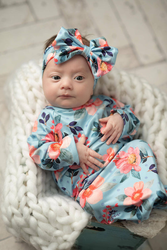 Infant Girls Coral Flower & Blue Baby Gown and Bow Headband