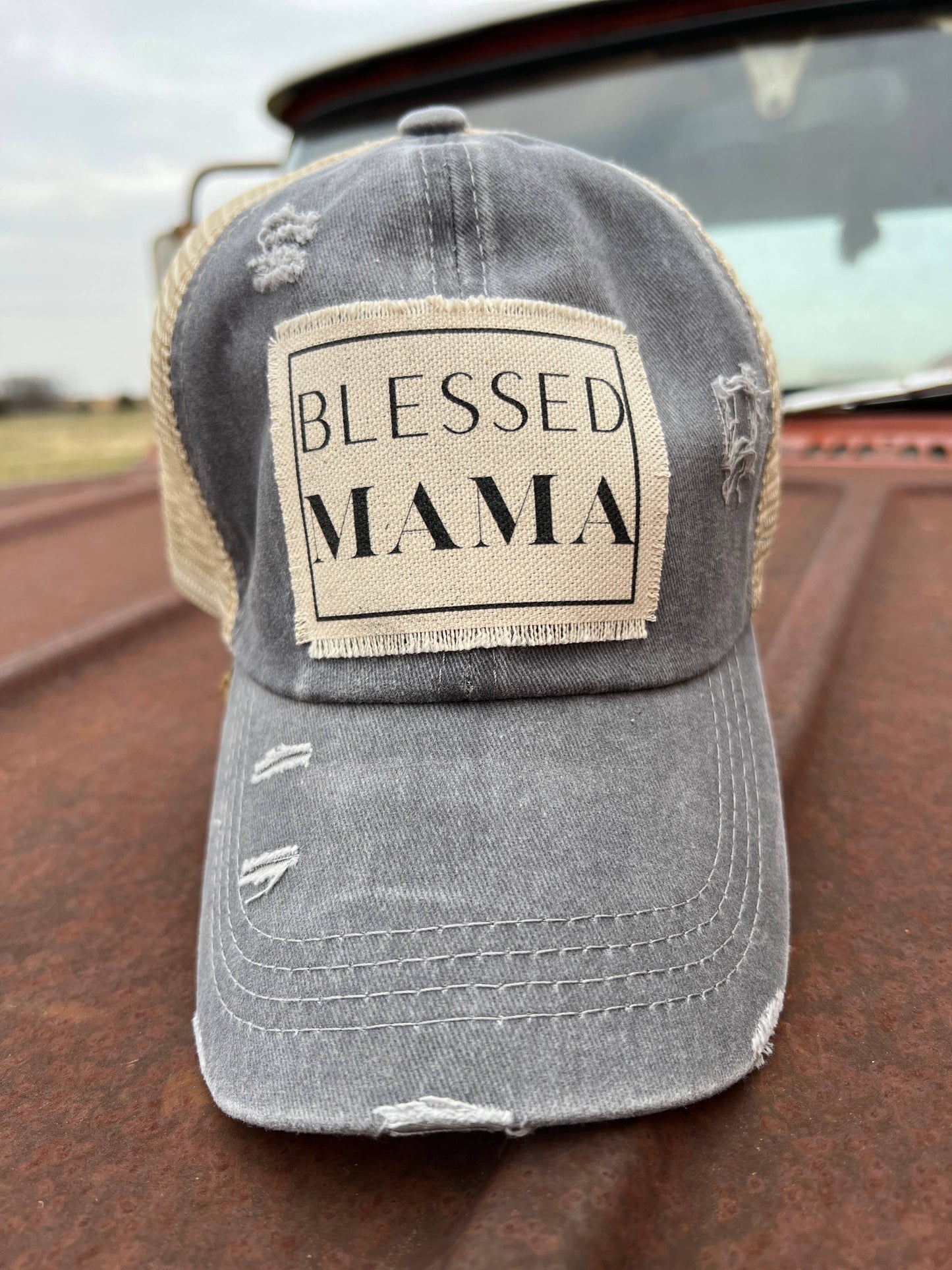 Blessed Mama Grey Distressed Baseball Cap