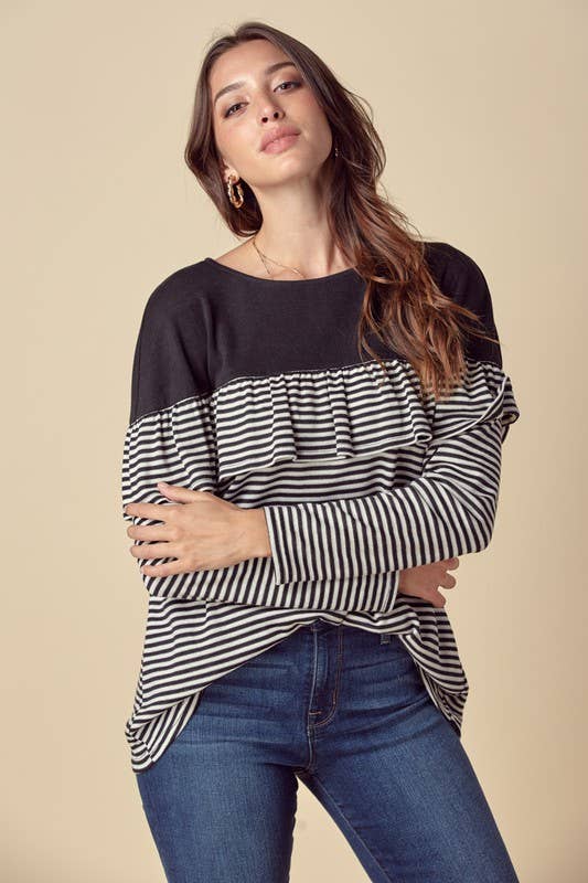 Stripe Ruffled Top W/ Button Down Back