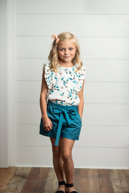 White & Teal Floral Ruffle Spring Summer Short Set