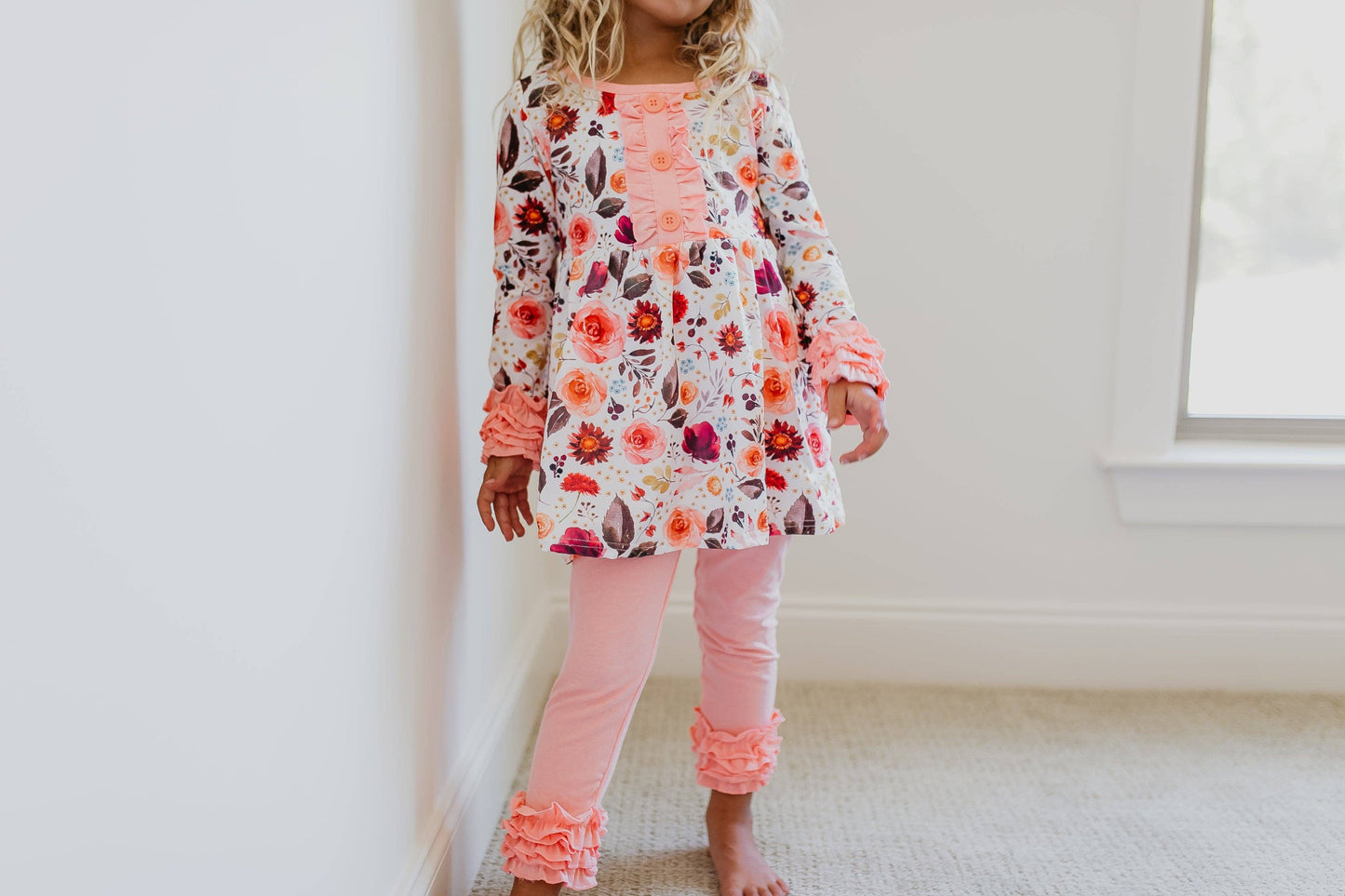 Kids Peach Floral Ruffle Button Two Piece Fall Pant Set