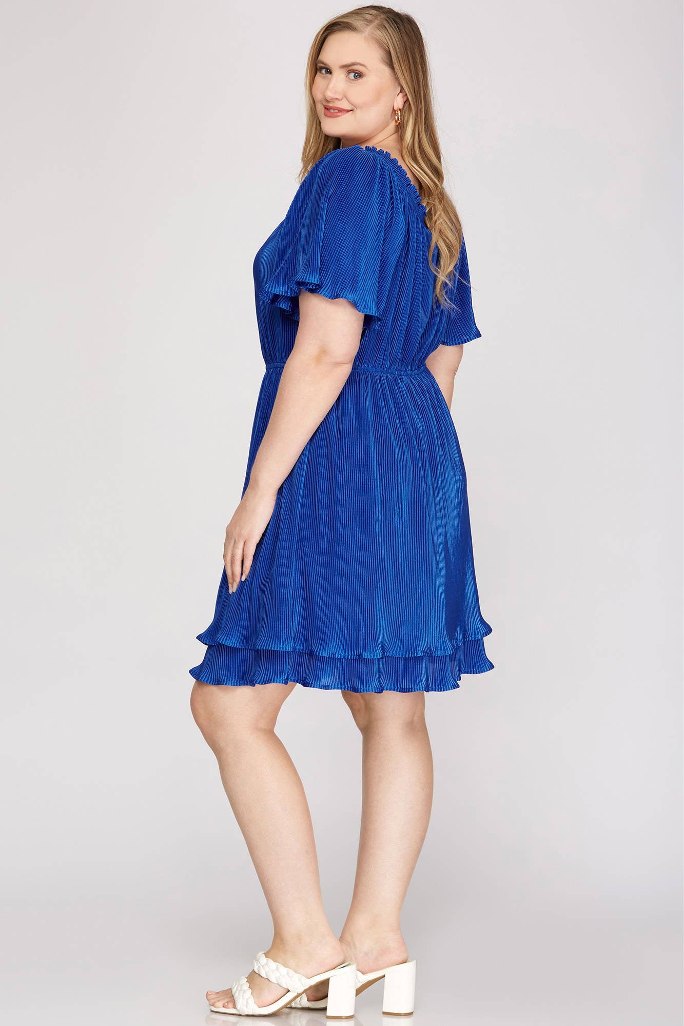 Plus Ruffled Sleeve Waist Elastic Tiered Plisse Woven Dress