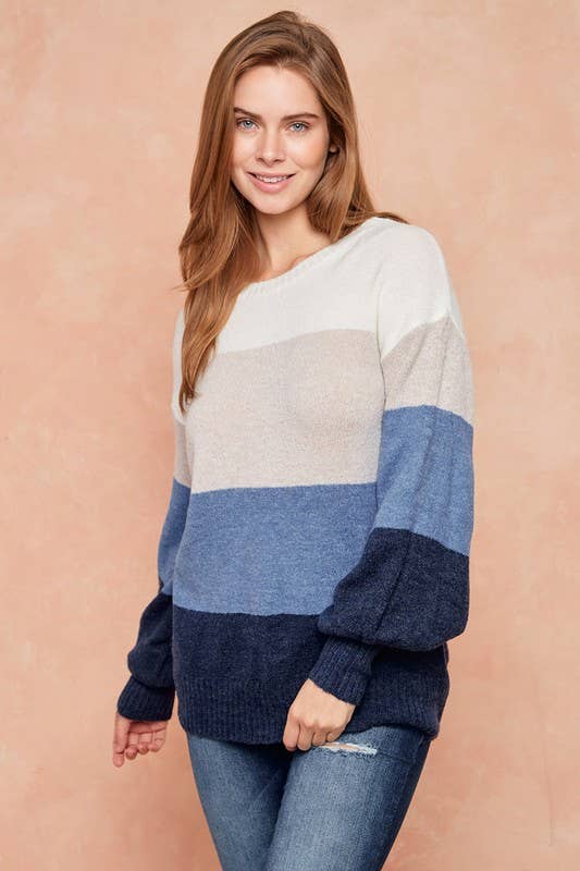 Color Block Sweater Top With Balloon Sleeve