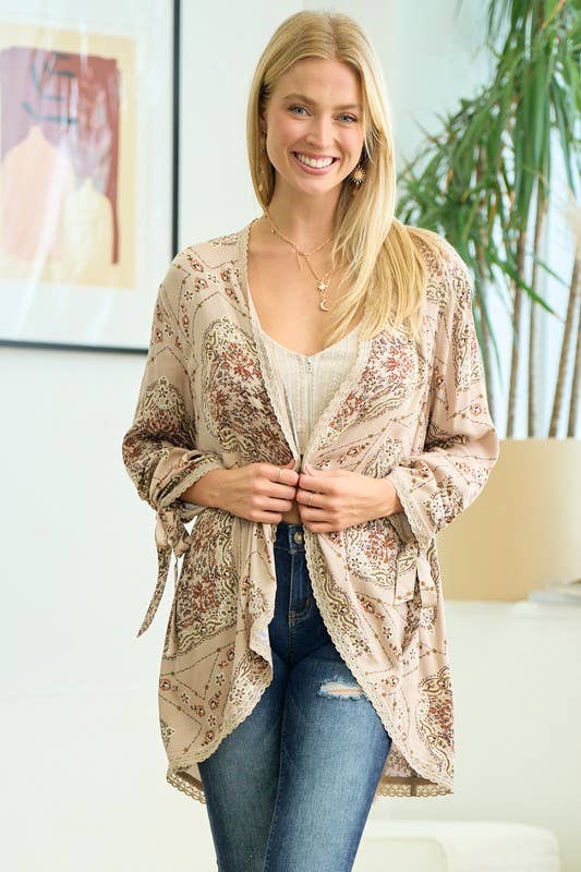 Cinched Sleeve Floral Kimono