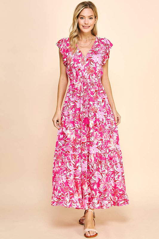 FLORAL PRINT TIERED MAXI DRESS - PINK MULTI