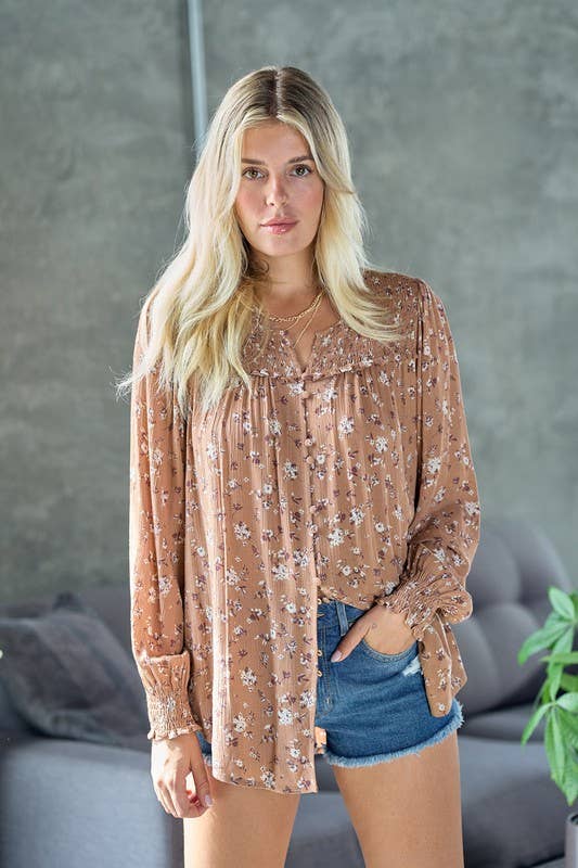 Long Sleeve Blouse with Smocked Floral Details