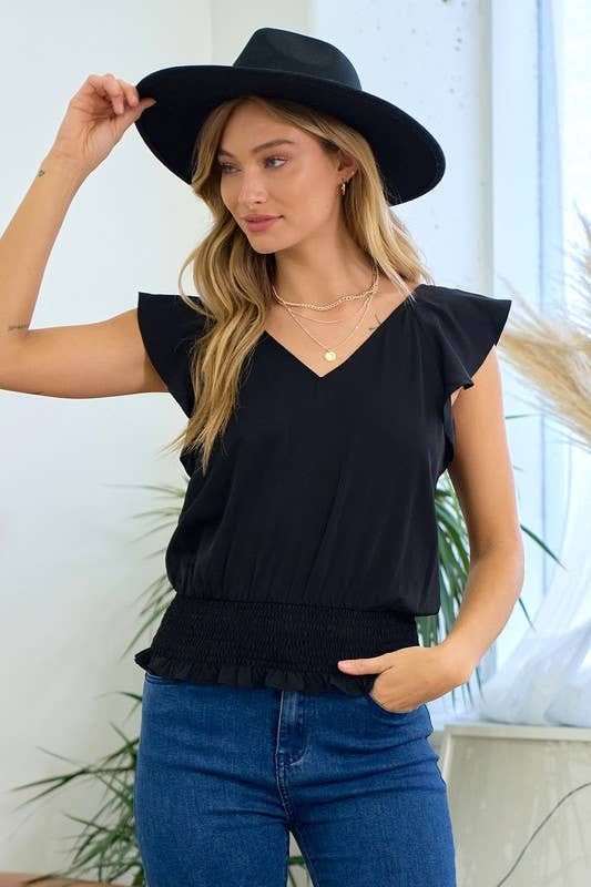 V-neck Ruffle Top With Smocking Band