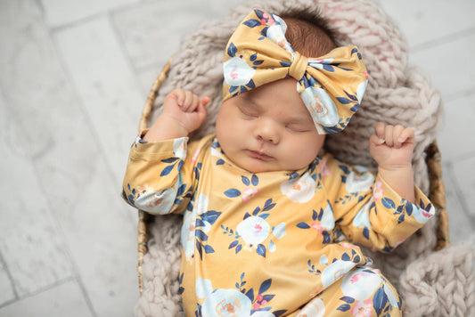 Infant Girls Mustard Baby Gown and Bow Headband