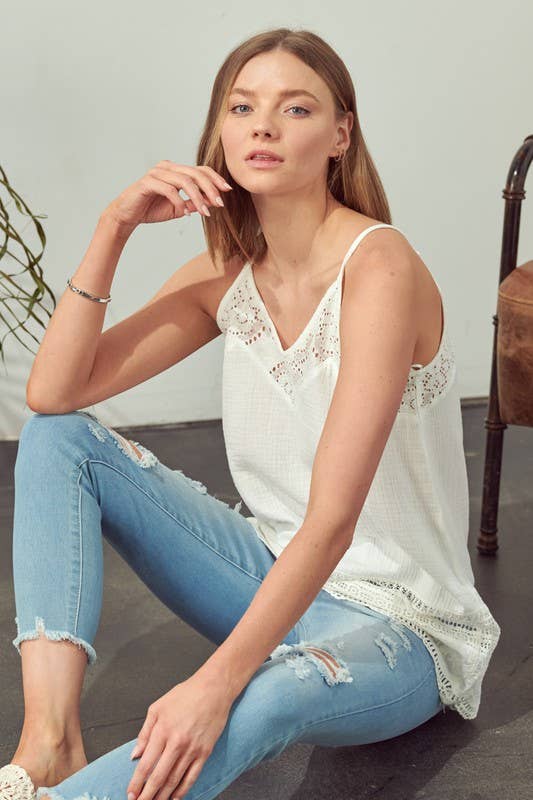 Deep V Neck Tank With Lace Detail