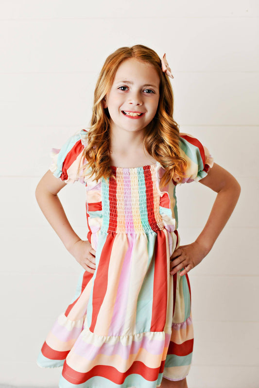 Rainbow Stripe Ruched Ruffle Puff Sleeve Spring Dress