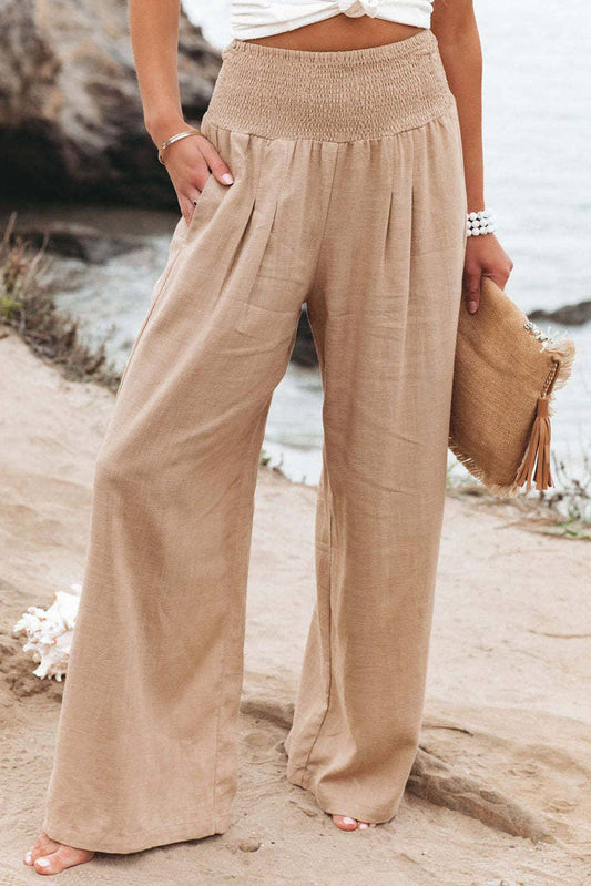 Loose Vacation Smocked High Waist Wide Leg Trousers