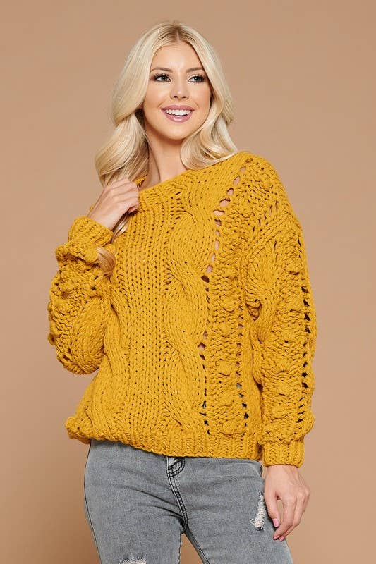 Twisted Knit Sweater With Pompom Detail