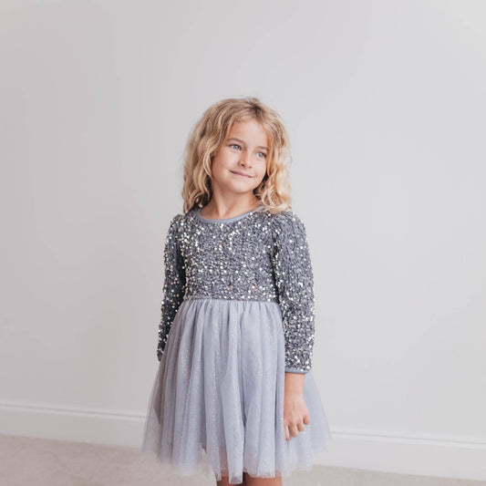 Kids Sequin Silver Holiday Fancy Sparkle Tulle Winter Dress